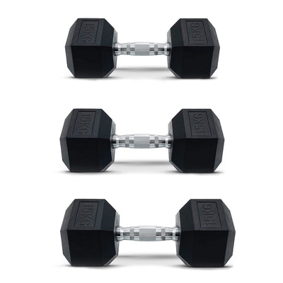 HolaHatha 5, 8, 10, 12 & 15lb Hexagonal Dumbbell Set w/Rack, Black (Open Box)