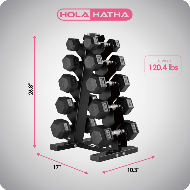 HolaHatha 5, 8, 10, 12 & 15Lb Hexagonal Dumbbell Weight Set w/Rack, Black (Used)
