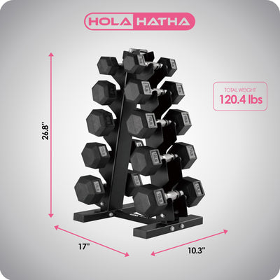 HolaHatha 5, 8, 10, 12 & 15 lb Hexagonal Dumbbell Weight Set with Rack, Black