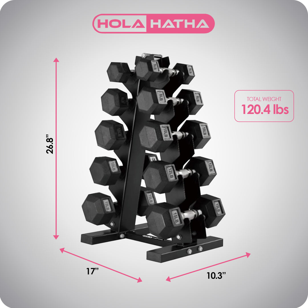 HolaHatha 5, 8, 10, 12 & 15lb Hexagonal Dumbbell Set w/Rack, Black (Open Box) - VMInnovations