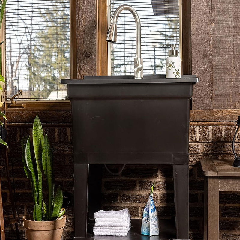 Plastic 24" Freestanding Compact Workshop Utility Tub Sink, Black (Open Box)