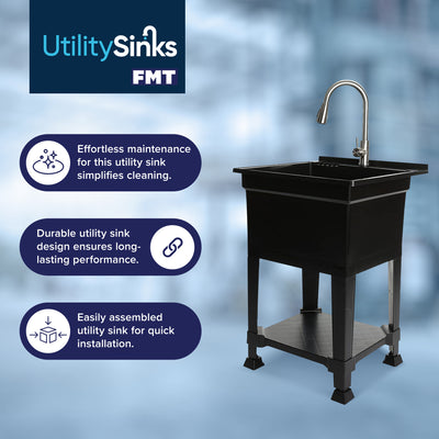 UTILITYSINKS Plastic 24" Freestanding Compact Workshop Utility Tub Sink, Black