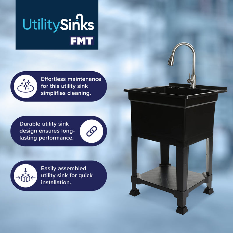 UTILITYSINKS Plastic 24" Freestanding Compact Workshop Utility Tub Sink, Black