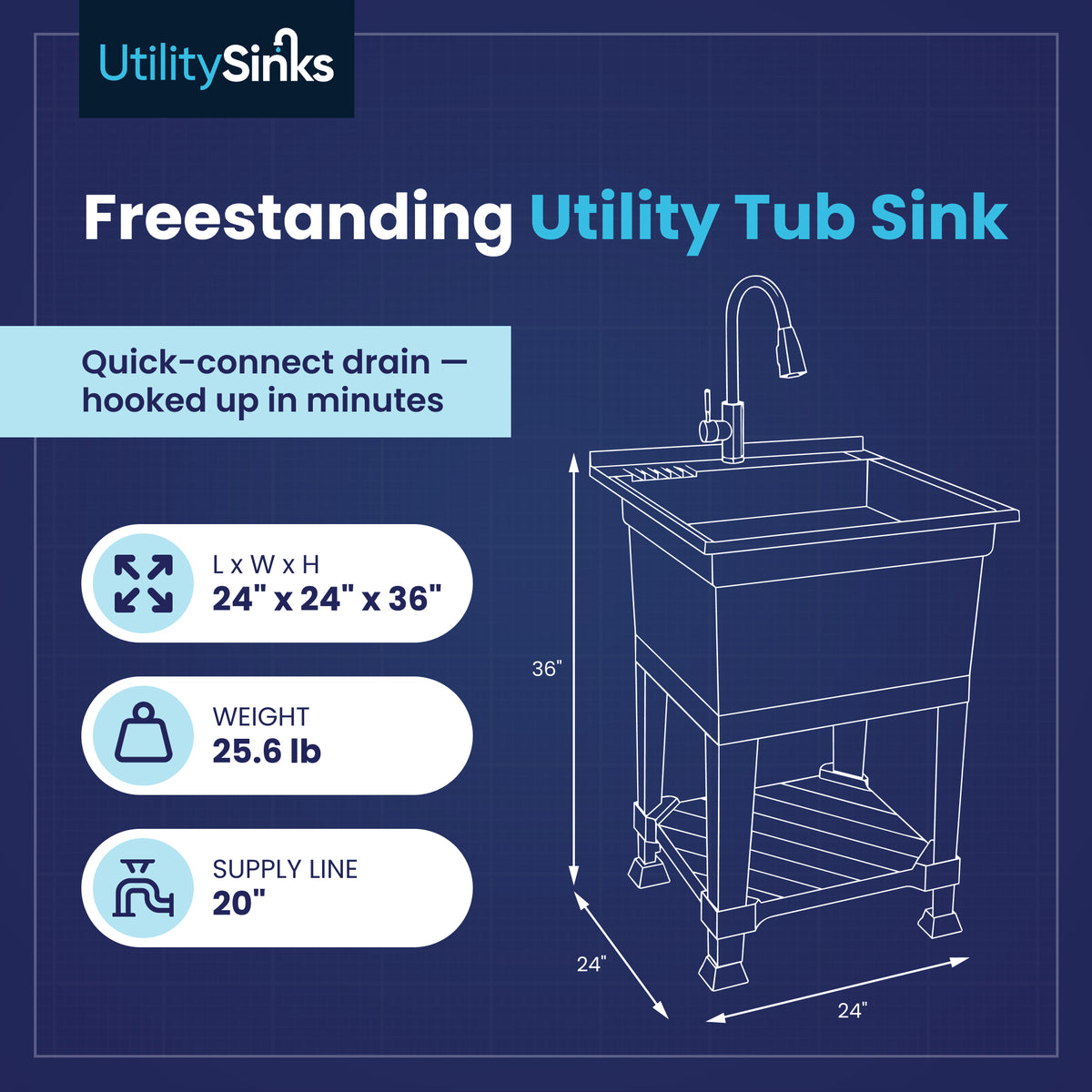 UTILITYSINKS Plastic 24" Freestanding Workshop Utility Sink, Black (Damaged)