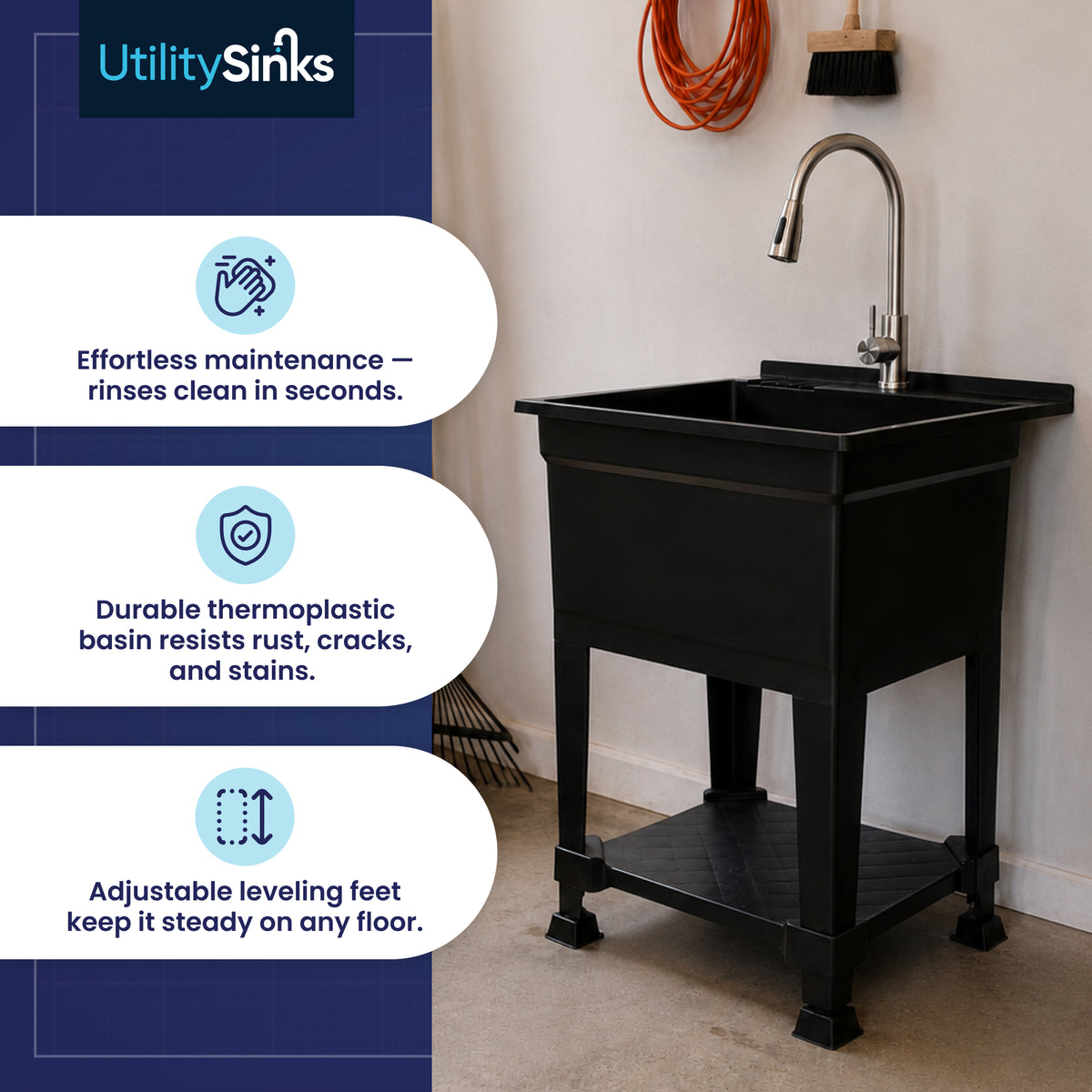 UTILITYSINKS Plastic 24" Freestanding Compact Workshop Utility Tub Sink, Black