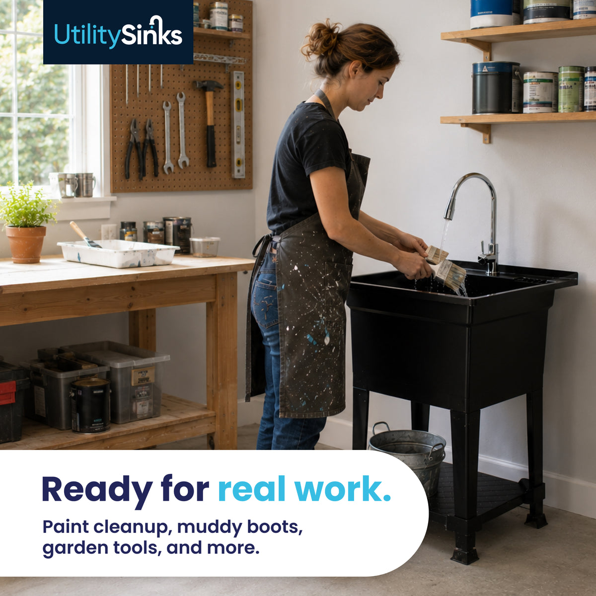 UTILITYSINKS Plastic 24" Freestanding Workshop Utility Sink, Black (Damaged)