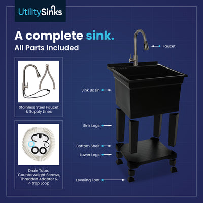UTILITYSINKS Plastic 24" Freestanding Compact Workshop Utility Tub Sink, Black