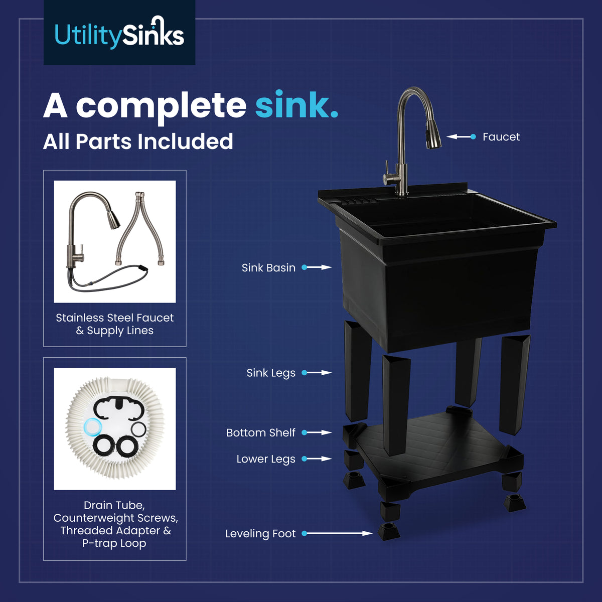 UTILITYSINKS Plastic 24" Freestanding Workshop Utility Sink, Black (Damaged)