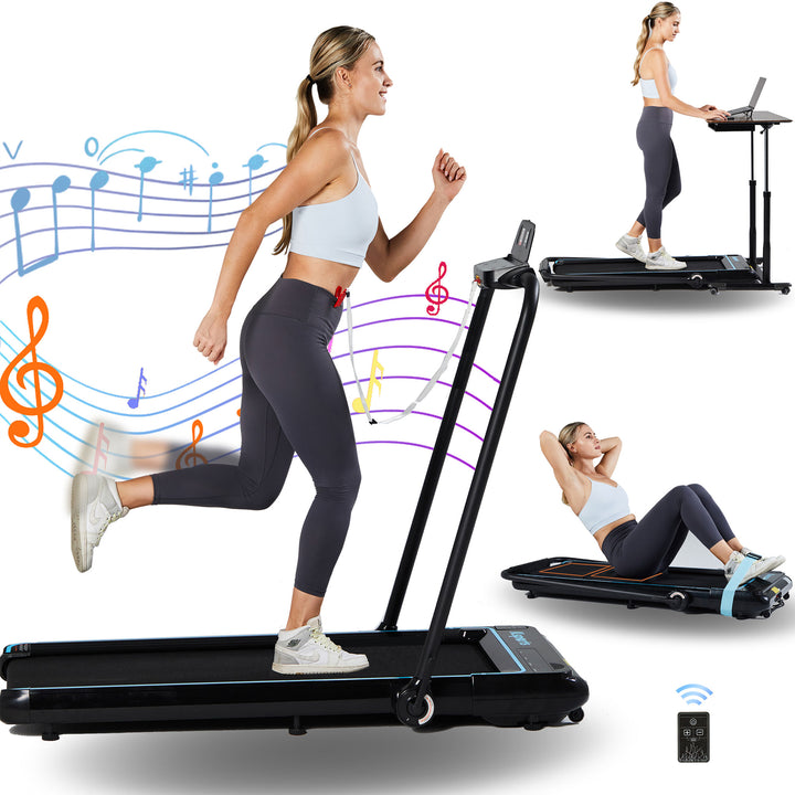 Ksports Handle and Dual Display Walking Pad Treadmill, Under Desk, 2.5HP Motor, Bluetooth App Compatibility, LED Display, Supports up to 265 lbs, Foldable with Device Holder