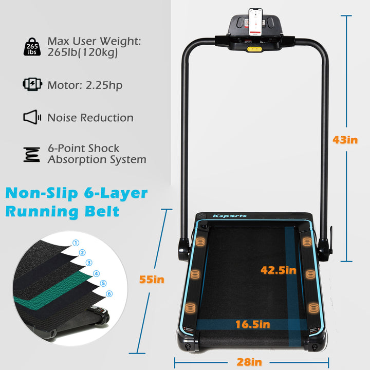 Ksports Handle and Dual Display Walking Pad Treadmill, Under Desk, 2.5HP Motor, Bluetooth App Compatibility, LED Display, Supports up to 265 lbs, Foldable with Device Holder