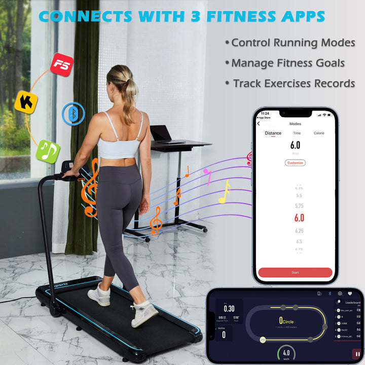 Ksports Handle and Dual Display Walking Pad Treadmill, Under Desk, 2.5HP Motor, Bluetooth App Compatibility, LED Display, Supports up to 265 lbs, Foldable with Device Holder