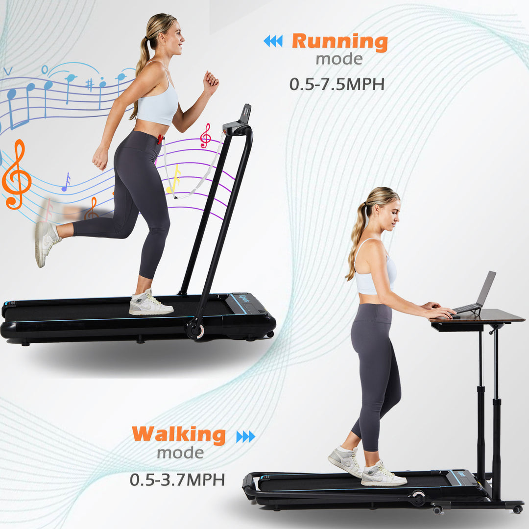 Ksports Handle and Dual Display Walking Pad Treadmill, Under Desk, 2.5HP Motor, Bluetooth App Compatibility, LED Display, Supports up to 265 lbs, Foldable with Device Holder