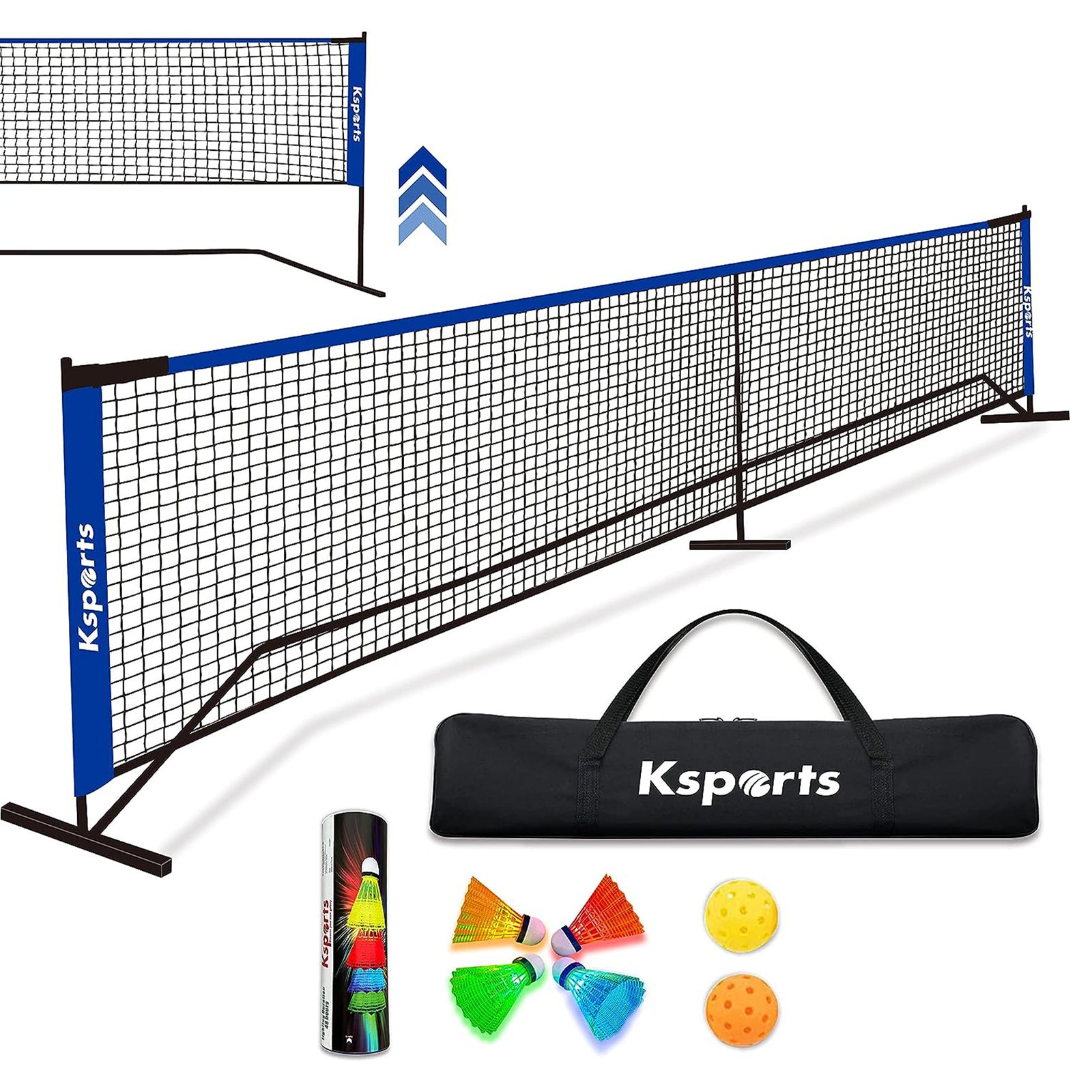 Ksports 22' Pickleball Net w/LED Shuttlecock, Bag & 2 Balls, Blue (For Parts) - VMInnovations