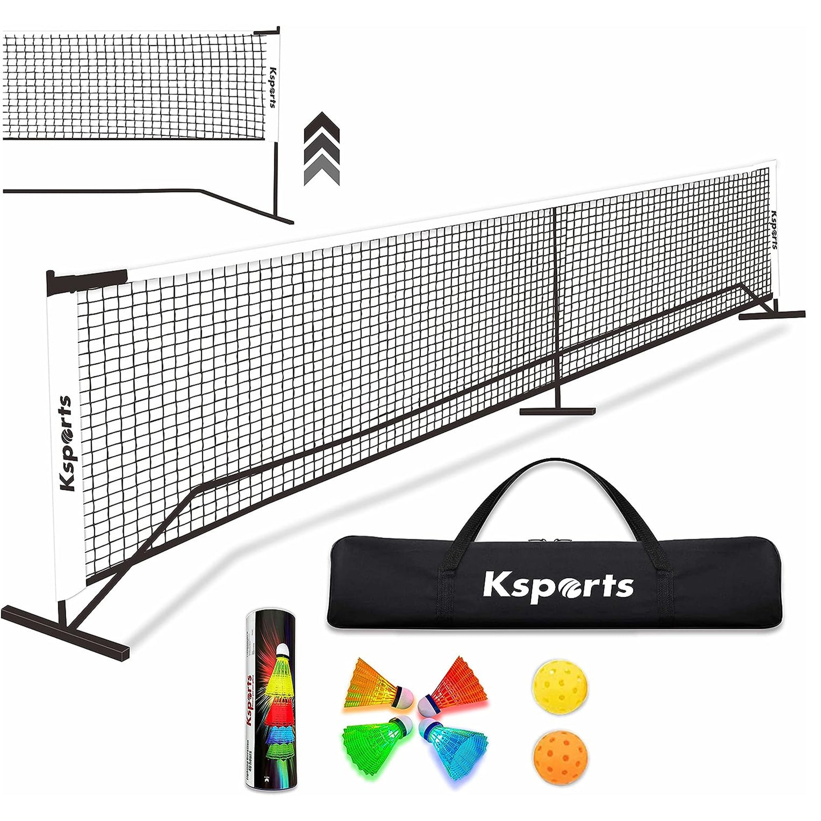 Ksports 22' Pickleball Net w/LED Shuttlecock, Carry Bag & 2 Balls, White (Used) - VMInnovations