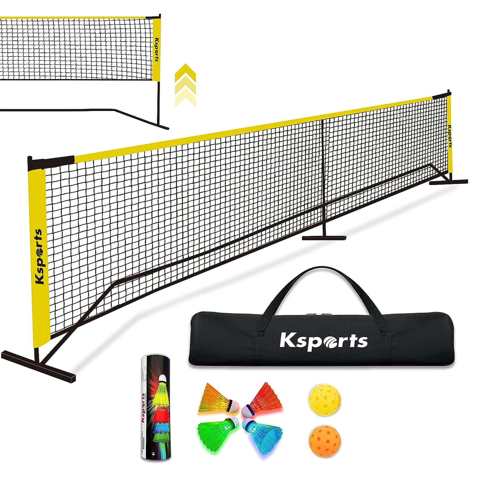 Ksports Pickleball Set 22' Net, LED Shuttlecocks, Carry Bag & Game Balls, Yellow - VMInnovations
