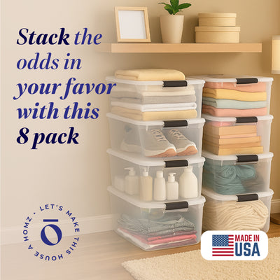 Homz 64 Qt Multipurpose Stackable Storage Bin with Latching Lids, Clear (8 Pack) - VMInnovations