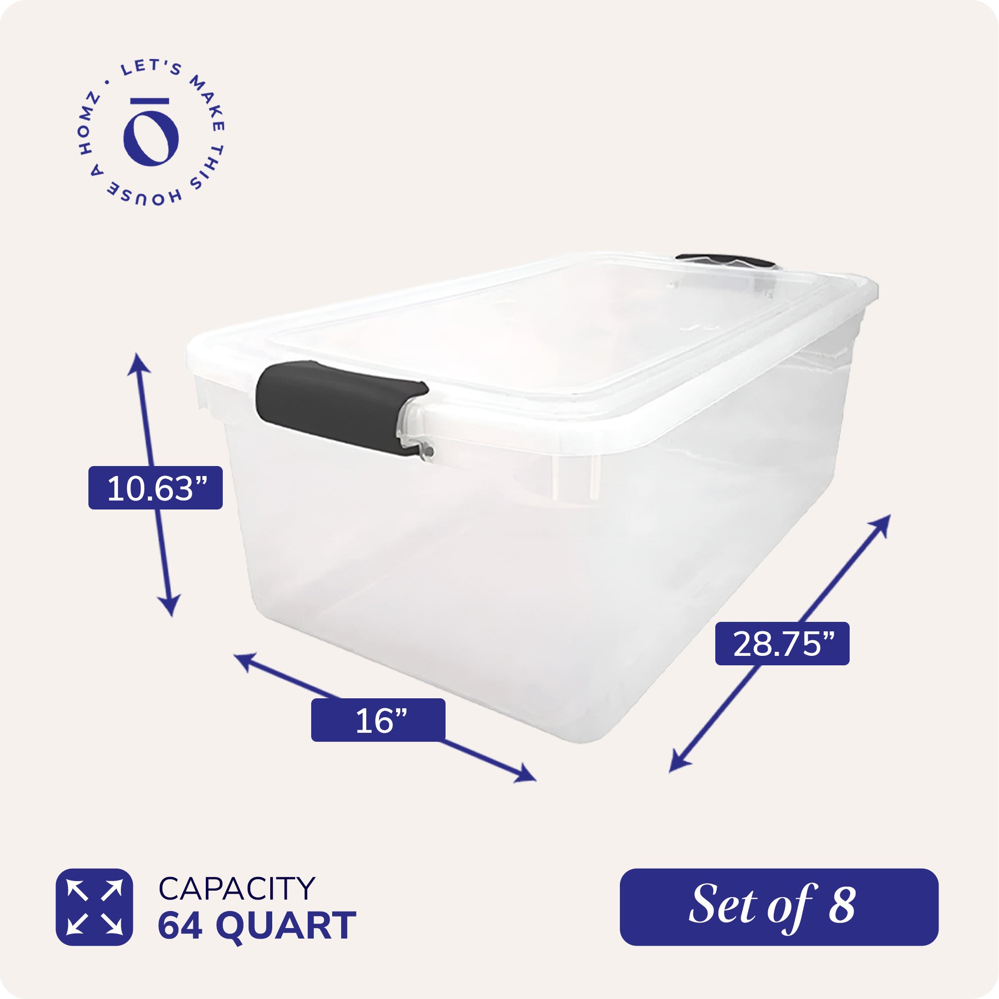 Homz 64 Qt Multipurpose Stackable Storage Bin with Latching Lids, Clear (8 Pack) - VMInnovations