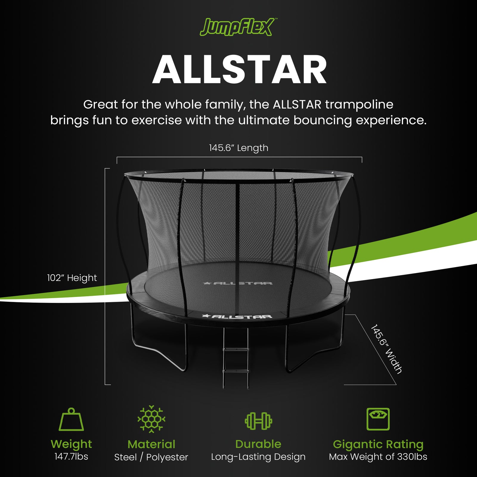 ALLSTAR 12' Trampoline for Kids Outdoor Backyard Play Equipment w/ Net & Ladder - VMInnovations