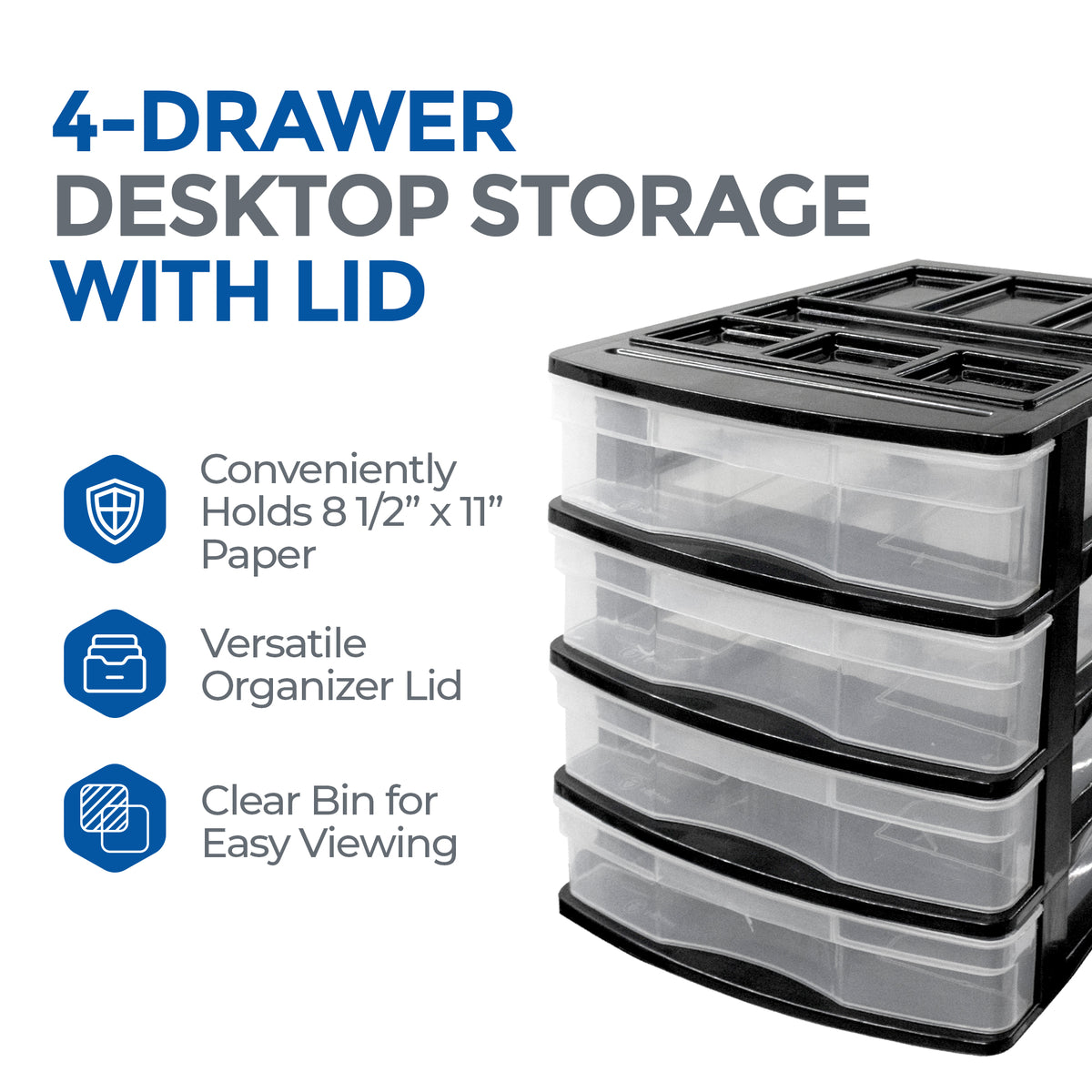 Gracious Living 4 Drawer Desktop Office Storage Unit w/Organizer Lid,Black(Used)