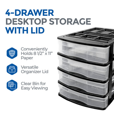 Gracious Living 4 Drawer Desktop Office Storage Unit w/Organizer Lid,Black(Used)