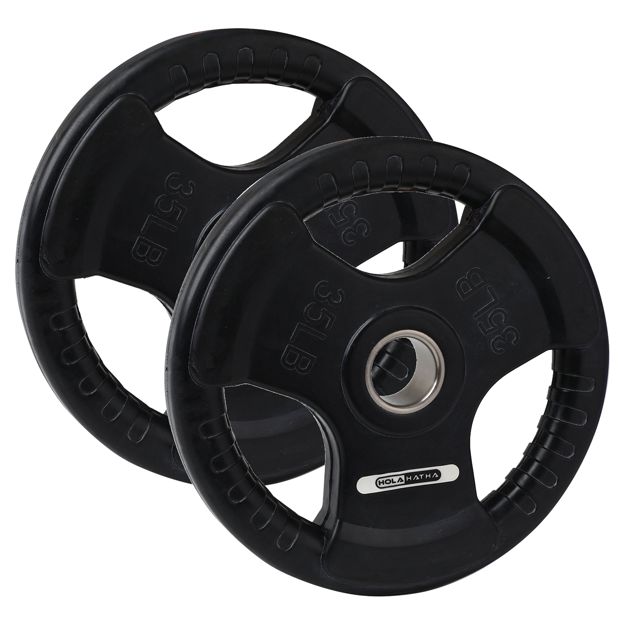 HolaHatha 35 Pound Olympic Rubber Coated Weight Plate w/ Handle, Black (2 Pack) - VMInnovations