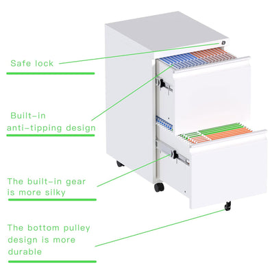 AOBABO 2 Drawer Mobile Metal Organizer Filing Cabinet, Assembled, White (Used)