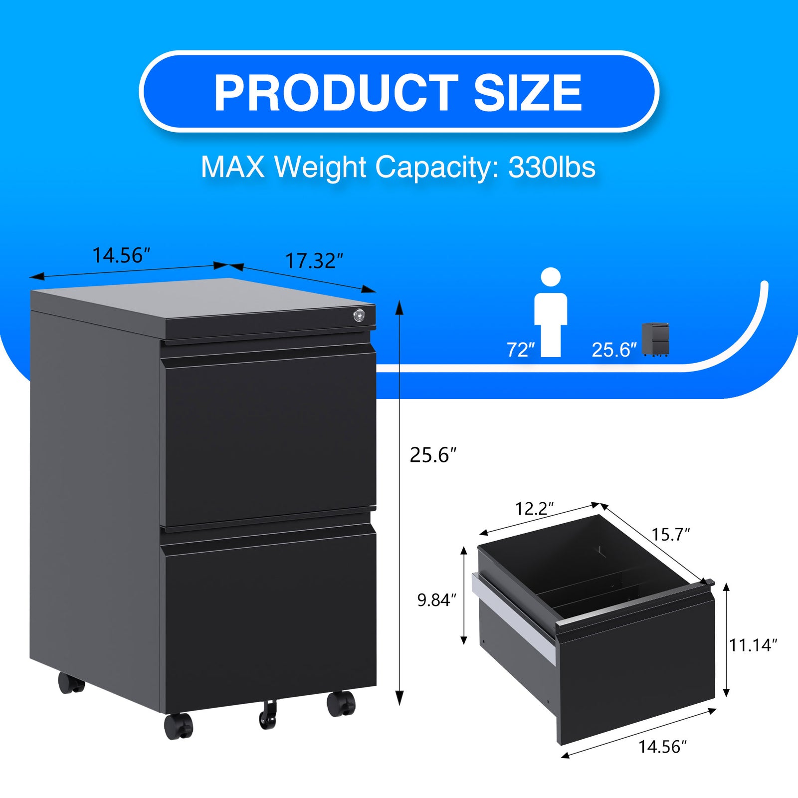 AOBABO 2 Drawer Mobile Metal Organizer Filing Cabinet, Fully Assembled, Black - VMInnovations