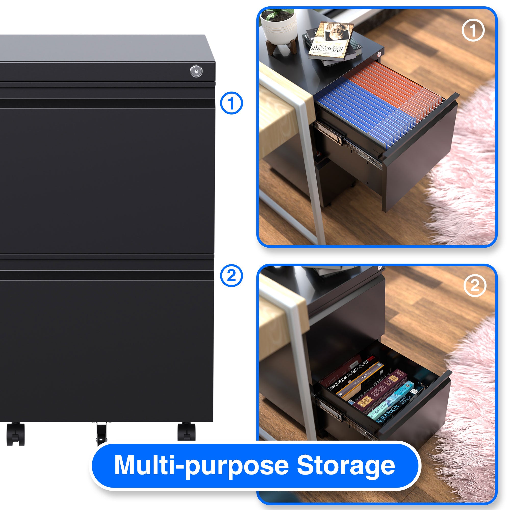 AOBABO 2 Drawer Mobile Metal Organizer Filing Cabinet, Fully Assembled, Black - VMInnovations