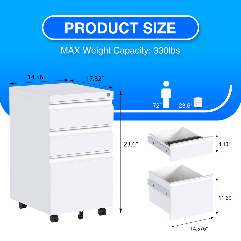 AOBABO 3 Drawer Mobile File Organizer Cabinet w/Lock & Wheels,White (Open Box) - VMInnovations