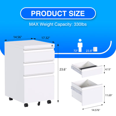 AOBABO 3 Drawer Mobile File Organizer Cabinet w/Lock & Wheels,White (Open Box) - VMInnovations