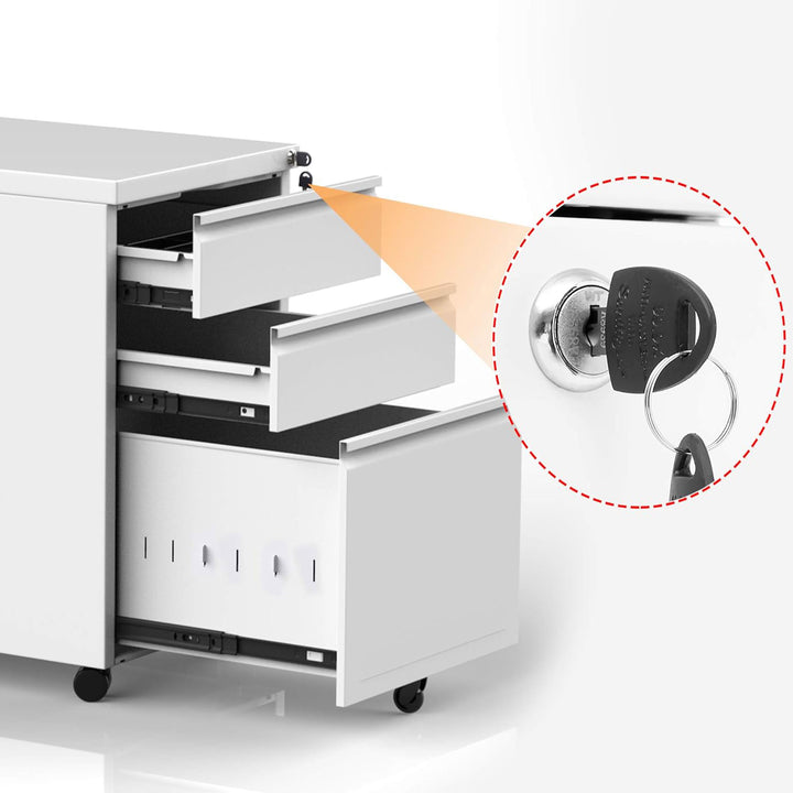 AOBABO 3 Drawer Mobile File Organizer Cabinet w/Lock & Wheels,White (Open Box) - VMInnovations