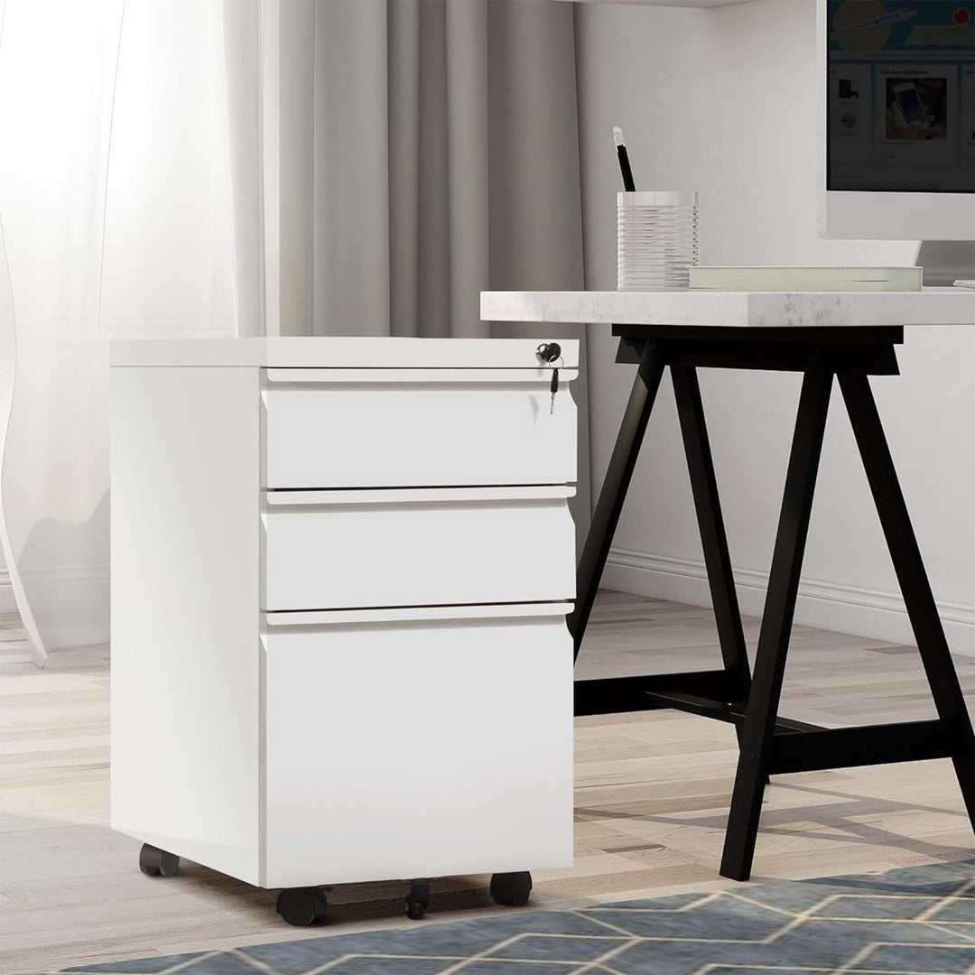 AOBABO 3 Drawer Mobile File Organizer Cabinet w/Lock & Wheels,White (Open Box) - VMInnovations
