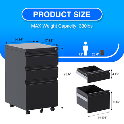 AOBABO 3 Drawer Mobile Metal Organizer Filing Cabinet, Black (Open Box) - VMInnovations