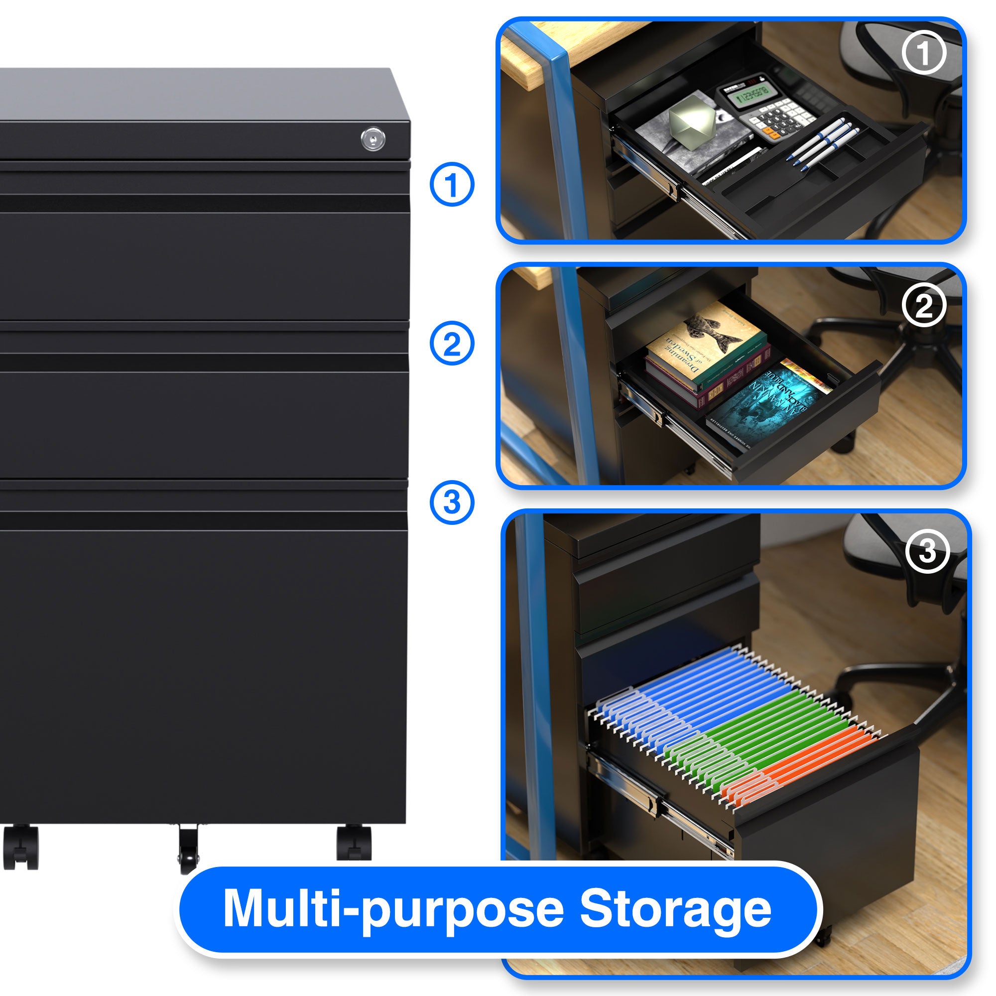 AOBABO 3 Drawer Mobile Metal Organizer Filing Cabinet, Black (Open Box) - VMInnovations