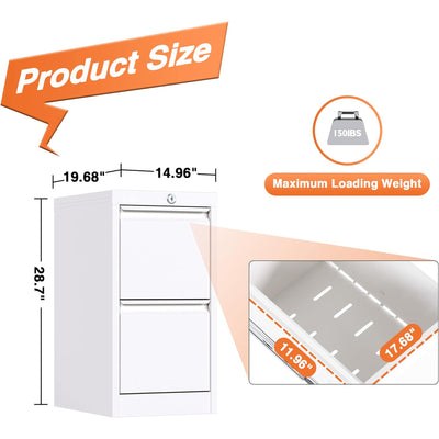 AOBABO 2 Drawer Vertical Metal File Cabinet with Lock for Home and Office, White - VMInnovations
