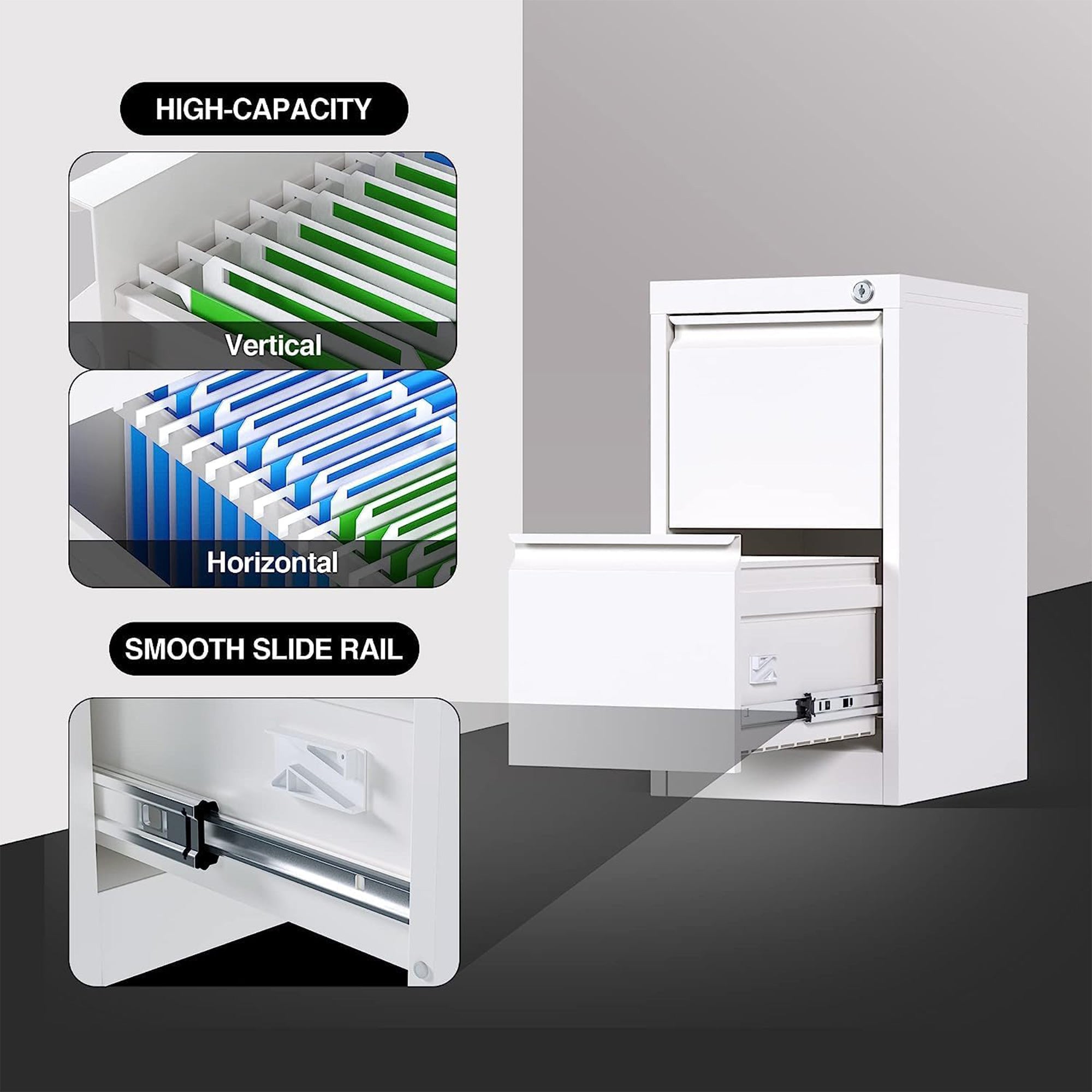 AOBABO 2 Drawer Vertical Metal File Cabinet with Lock for Home and Office, White - VMInnovations