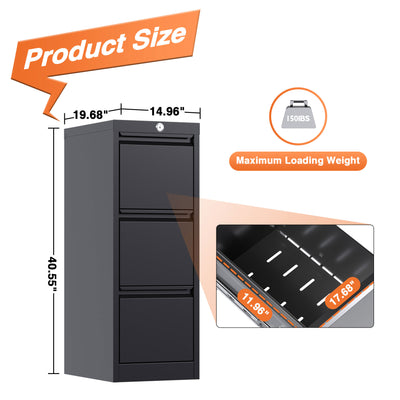 AOBABO 3 Drawer Metal File Cabinet with Lock for Home and Office,Black(Open Box) - VMInnovations