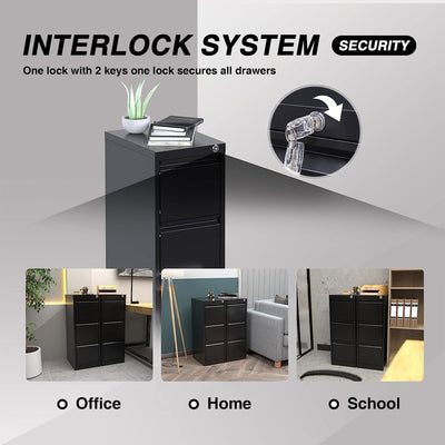 AOBABO 3 Drawer Metal File Cabinet with Lock for Home and Office,Black(Open Box) - VMInnovations