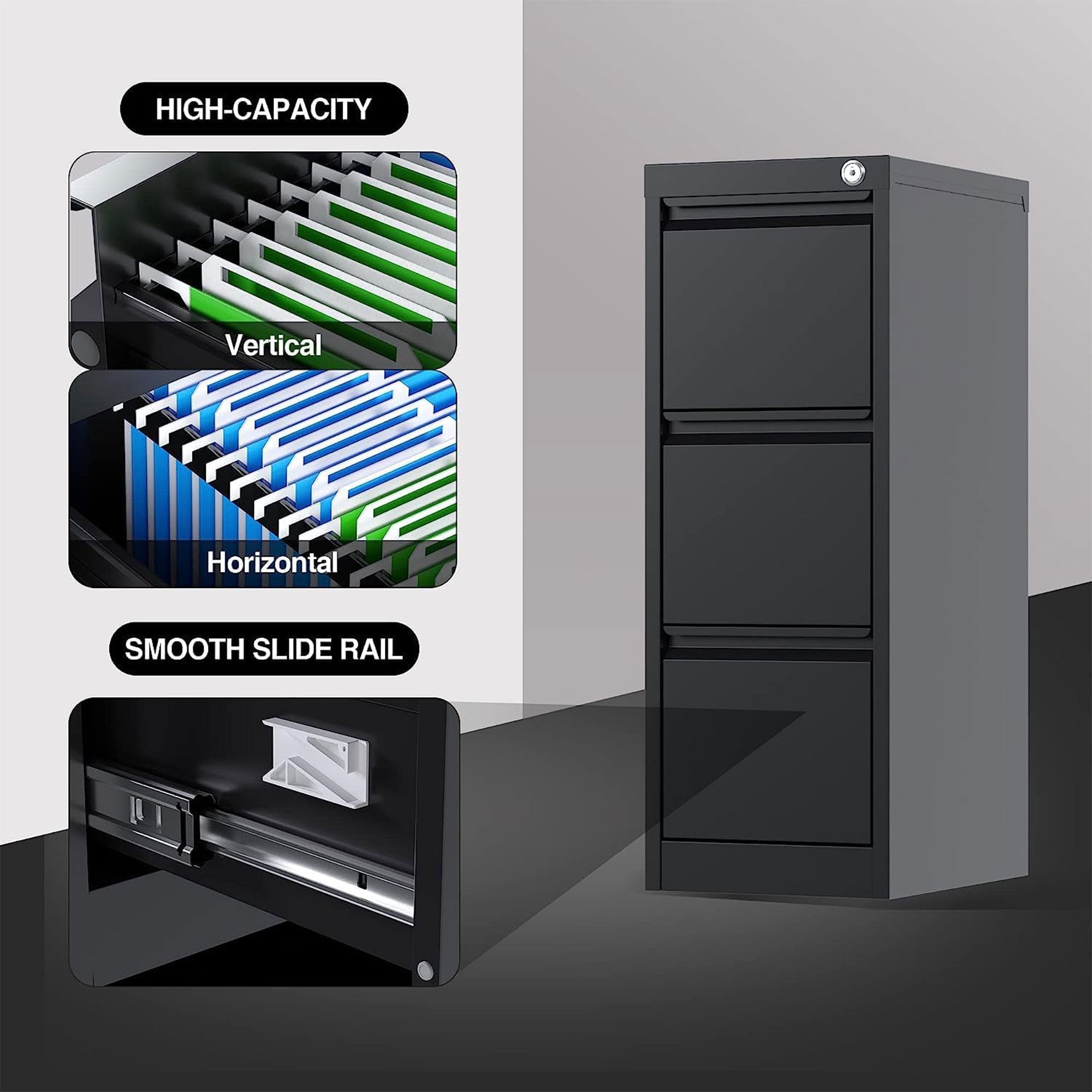 AOBABO 3 Drawer Metal File Cabinet with Lock for Home and Office,Black(Open Box) - VMInnovations