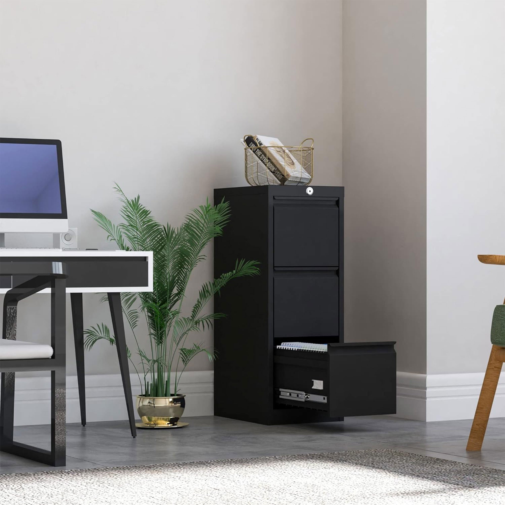 AOBABO 3 Drawer Metal File Cabinet with Lock for Home and Office,Black(Open Box) - VMInnovations