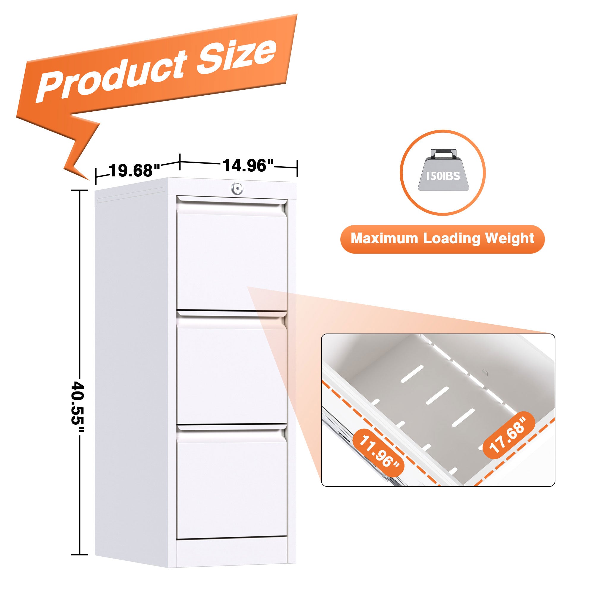 AOBABO 3 Drawer Metal File Cabinet w/Lock for Home & Office, White (Open Box) - VMInnovations