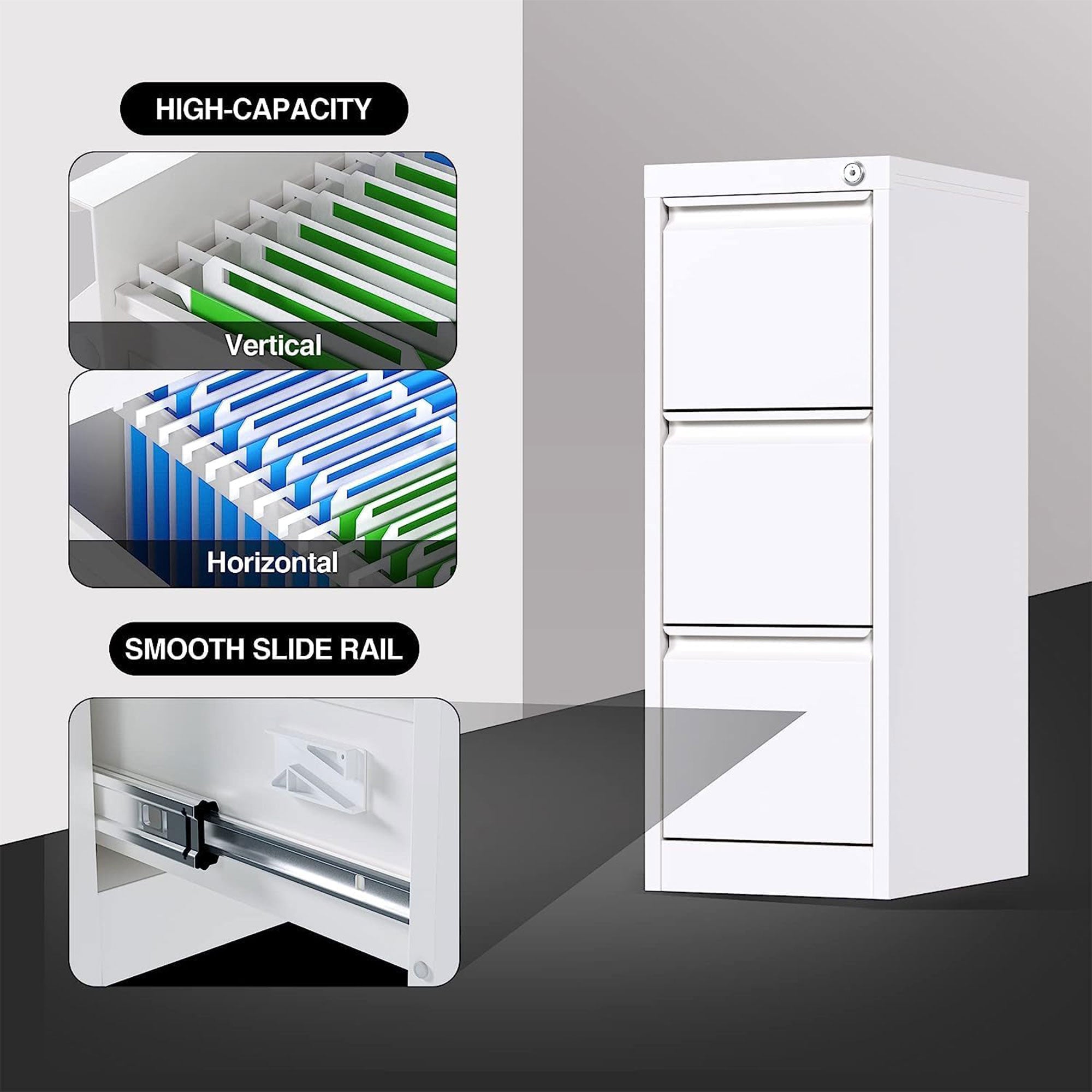 AOBABO 3 Drawer Metal File Cabinet w/Lock for Home & Office, White (Open Box) - VMInnovations