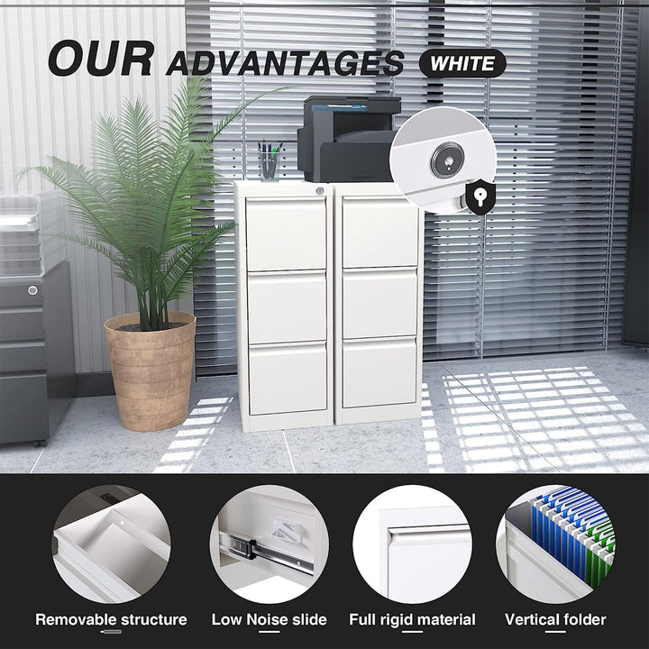 AOBABO 3 Drawer Vertical Metal File Cabinet w/Lock for Home & Office,White(Used) - VMInnovations
