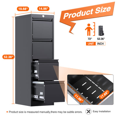 AOBABO 4 Drawer Vertical Metal File Cabinet with Lock for Home and Office, Black - VMInnovations