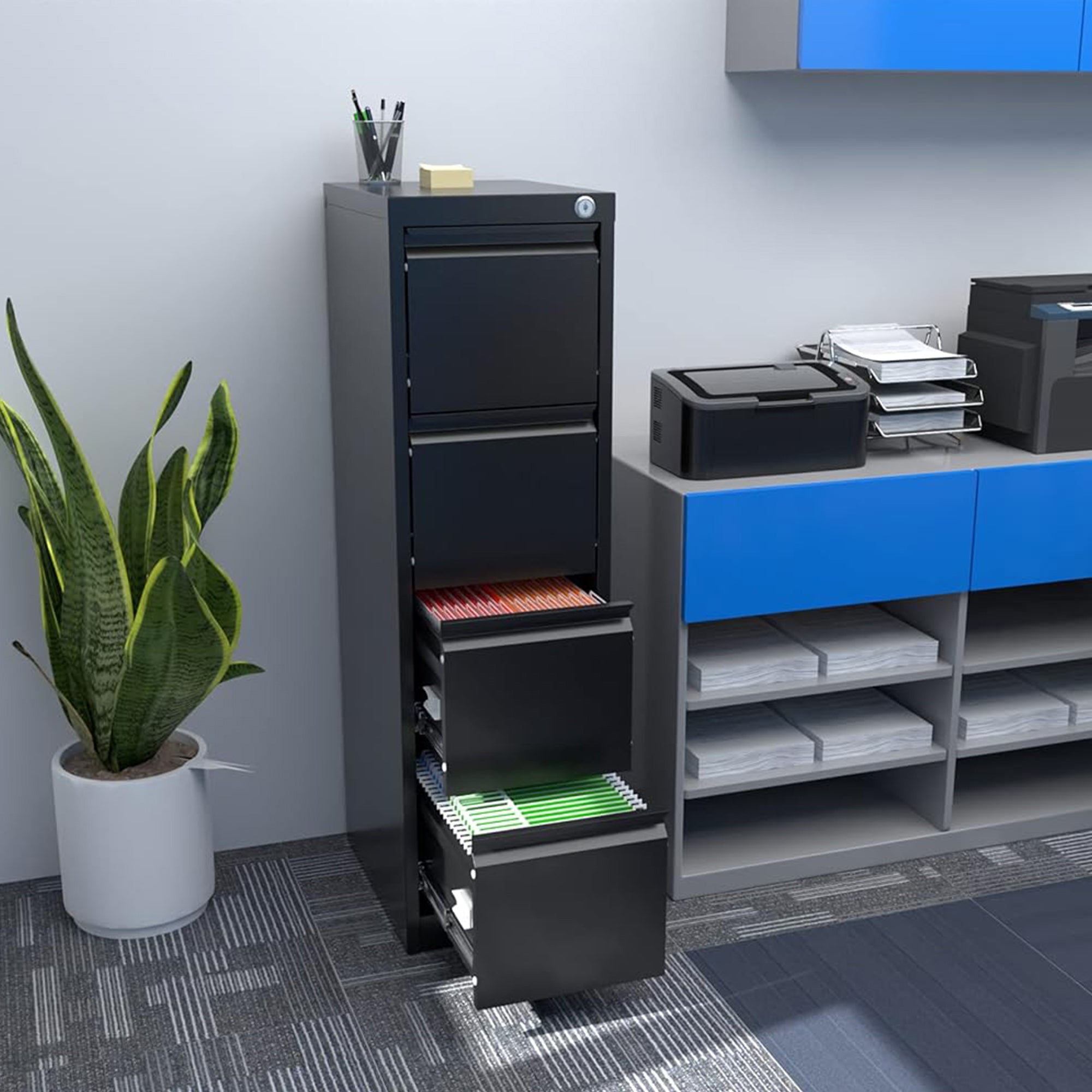 AOBABO 4 Drawer Vertical Metal Cabinet w/Lock for Home & Office, Black(Open Box) - VMInnovations