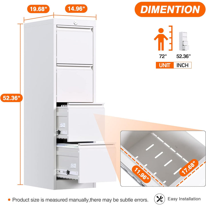 AOBABO 4 Drawer Vertical Metal File Cabinet with Lock for Home and Office, White