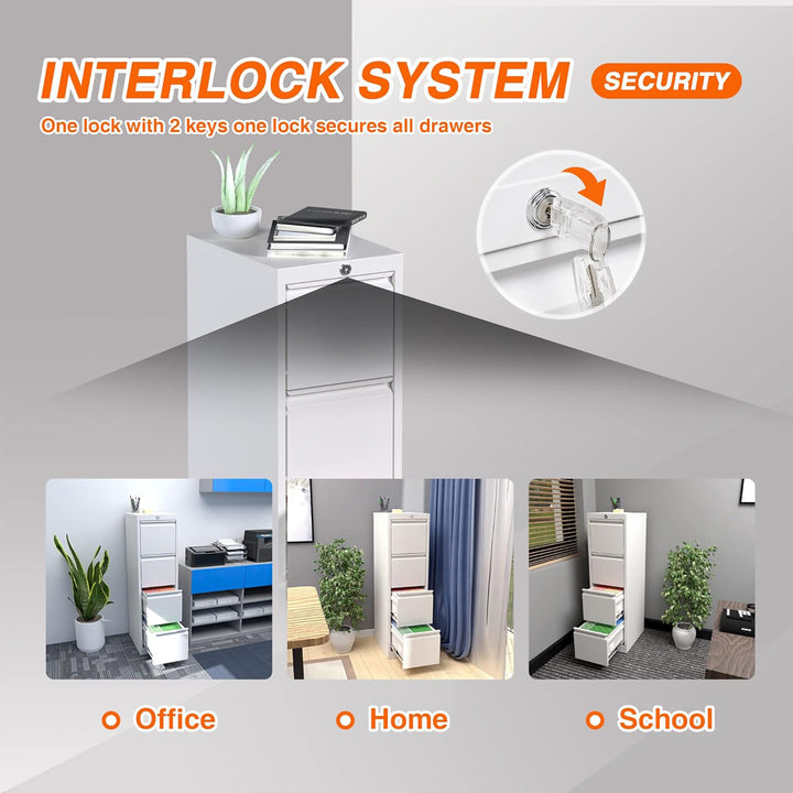 AOBABO 4 Drawer Metal File Cabinet with Lock for Home & Office, White (Open Box) - VMInnovations