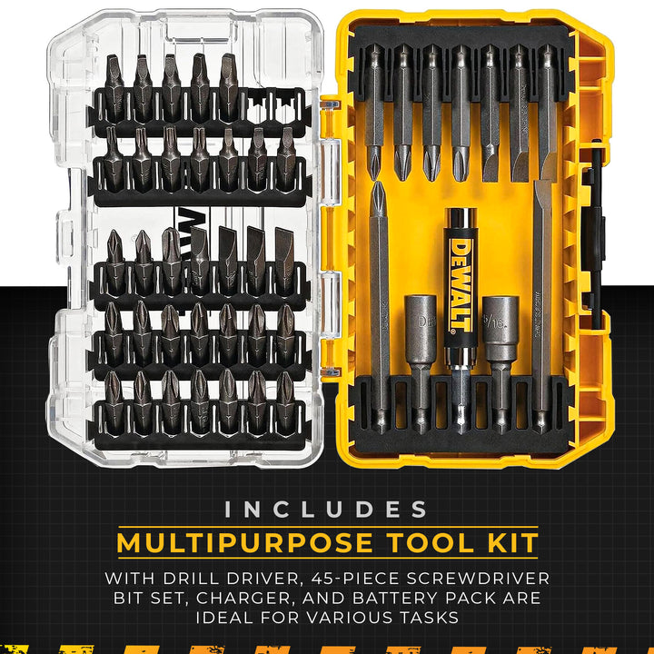 Dewalt 12V MAX Cordless Driver and Drill Hand Tool Set with 45 Drill Bits, Black