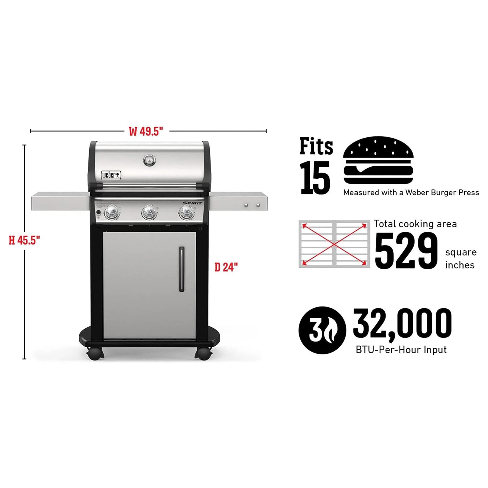 Weber Spirit S-315 Stainless Steel 3 Burner 32,000 BTUs Liquid Propane Gas Grill - VMInnovations