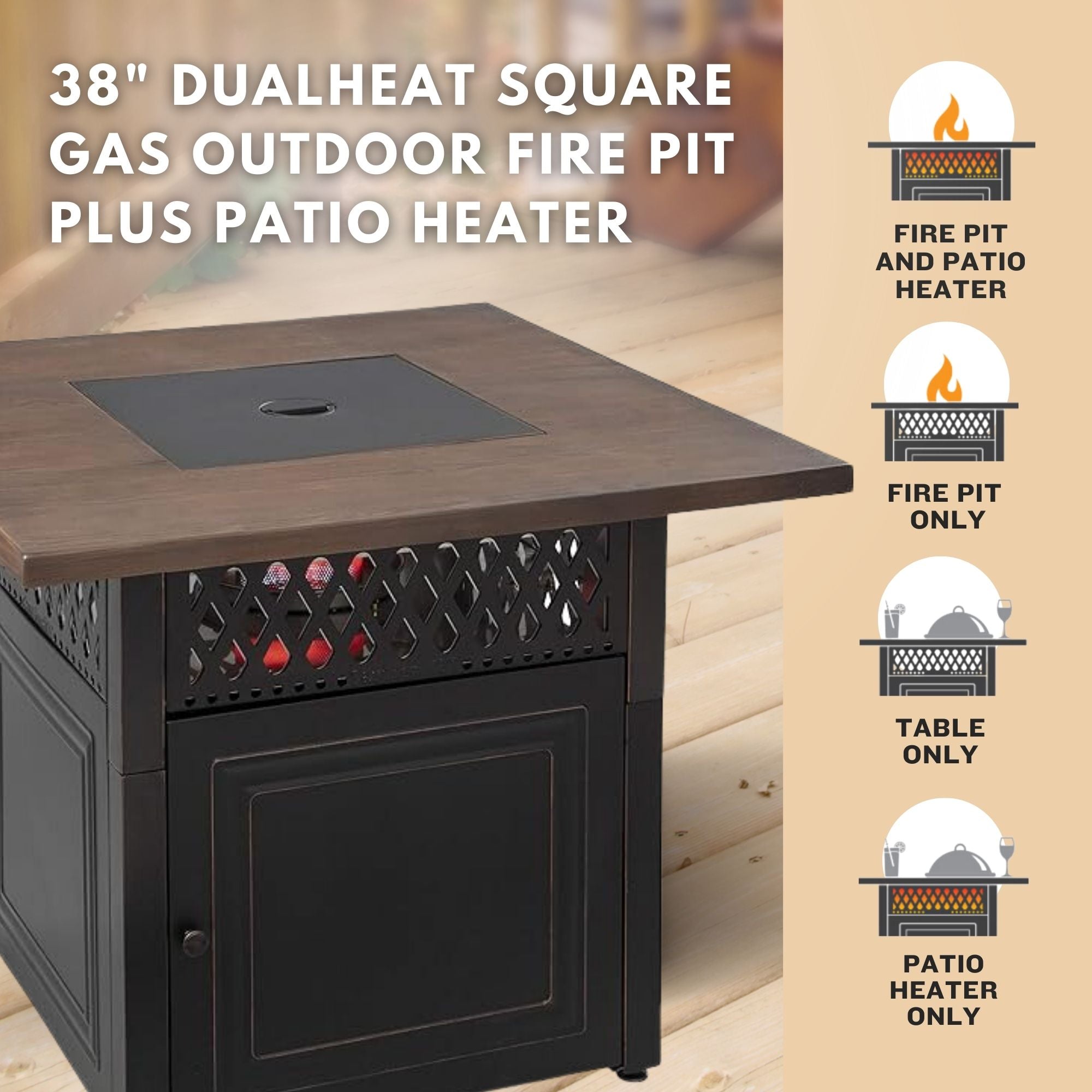 Courtyard Dual Heat 41,000 BTU Square Gas Fire Pit w/Tabletop (Open Box) - VMInnovations